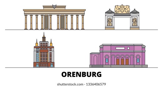 Russia, Orenburg flat landmarks vector illustration. Russia, Orenburg line city with famous travel sights, skyline, design. 