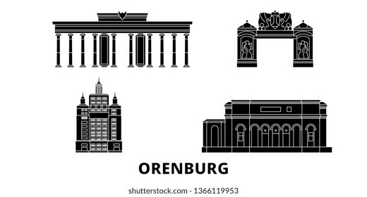 Russia, Orenburg flat travel skyline set. Russia, Orenburg black city vector illustration, symbol, travel sights, landmarks.