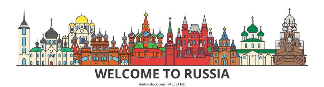 Russia outline skyline, russian flat thin line icons, landmarks, illustrations. Russia cityscape, russian travel city vector banner. Urban silhouette