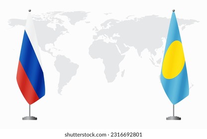 Russia and Palau flags for official meeting against background of world map.