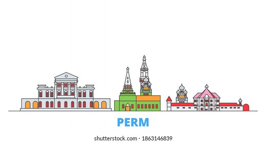 Russia, Perm line cityscape, flat vector. Travel city landmarks, outline illustrations, line world icons