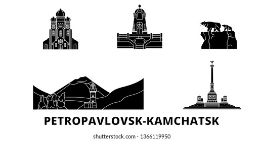 Russia, Petropavlovsk Kamchatsk flat travel skyline set. Russia, Petropavlovsk Kamchatsk black city vector illustration, symbol, travel sights, landmarks.