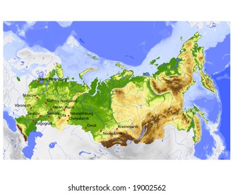 Russia. Physical vector map, colored according to elevation, with rivers, ocean depths and selected cities. Surrounding territory greyed out. 60 layers, fully editable. Data source: NASA