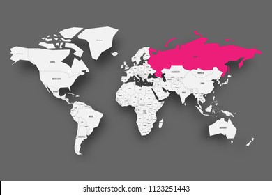 Russia pink highlighted in map of World. Light grey simplified map with dropped shadow on dark grey background. Vector illustration.
