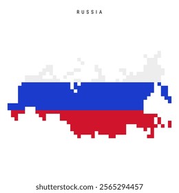 Russia pixel flag map icon. 8 bit pixel art Russian map covered with flag. Flat vector illustration isolated on white background.