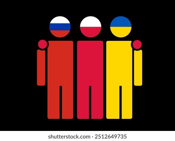 Russia, Poland, and Ukraine National Flags With Embracing Body. Vector Illustration. Isolated background.