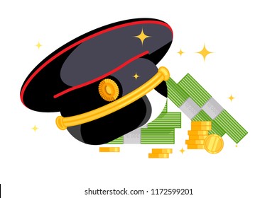 Russia police cap with money. The concept of corruption and bribery or awards, bonuses and salaries. Vector illustration.