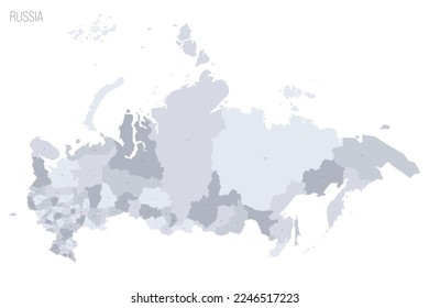 Russia political map of administrative divisions - oblasts, republics, autonomous okrugs, krais, autonomous oblast and 2 federal cities of Moscow and Saint Petersburg. Grey vector map with labels.