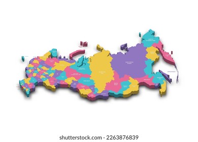 Russia political map of administrative divisions - oblasts, republics, autonomous okrugs, krais, autonomous oblast and 2 federal cities of Moscow and Saint Petersburg. Colorful 3D vector map with