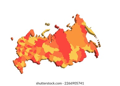 Russia political map of administrative divisions - oblasts, republics, autonomous okrugs, krais, autonomous oblast and 2 federal cities of Moscow and Saint Petersburg. 3D map in shades of orange color