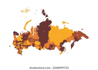 Russia political map of administrative divisions - oblasts, republics, autonomous okrugs, krais, autonomous oblast and 2 federal cities of Moscow and Saint Petersburg. Flat vector map with name labels