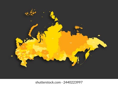 Russia political map of administrative divisions - oblasts, republics, autonomous okrugs, krais, autonomous oblast and 2 federal cities of Moscow and Saint Petersburg. Yellow shade flat vector map