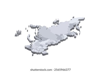 Russia political map of administrative divisions - oblasts, republics, autonomous okrugs, krais, autonomous oblast and 2 federal cities of Moscow and Saint Petersburg. 3D isometric blank vector map in