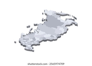 Russia political map of administrative divisions - oblasts, republics, autonomous okrugs, krais, autonomous oblast and 2 federal cities of Moscow and Saint Petersburg. 3D isometric blank vector map in