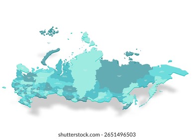 Mapa político da Rússia de divisões administrativas - oblasts, repúblicas, okrugs autônomos, krais, oblast autônomo e 2 cidades federais de Moscou e São Petersburgo. mapa de vetor turquesa 3D com