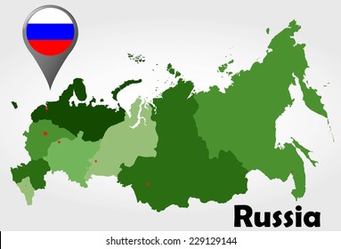 Russia political map with green shades and map pointer.