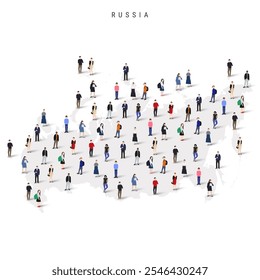Russia population map. Large group of realistic a diverse crowd of people figures in a shape of Russian map. Flat vector illustration isolated on white.