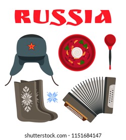 Russia poster with traditional items set. Borscht served with white sour cream and wooden spoon. Warm hat and felt boot for winter vector illustration