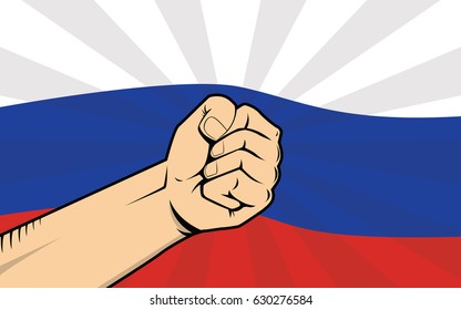 russia protest fight against a government illustration with flag as background and hand