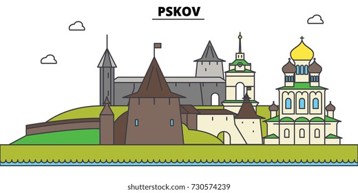 Russia, Pskov. City skyline, architecture, buildings, streets, silhouette, landscape, panorama, landmarks. Editable strokes. Flat design line vector illustration concept. Isolated icons set