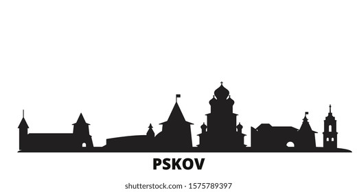 Russia, Pskov city skyline isolated vector illustration. Russia, Pskov travel black cityscape