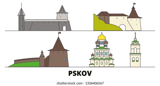 Russia, Pskov flat landmarks vector illustration. Russia, Pskov line city with famous travel sights, skyline, design. 