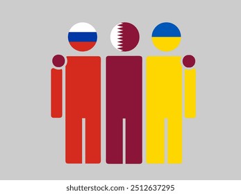 Russia, Qatar, and Ukraine National Flags With Embracing Body. Vector Illustration. Isolated background.