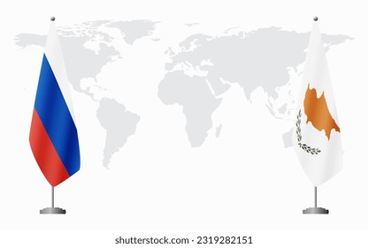 Russia and Republic of Cyprus flags for official meeting against background of world map.