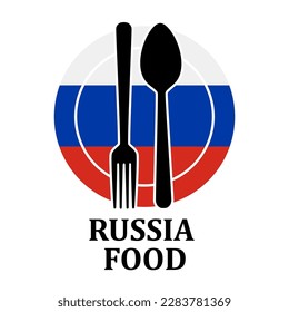 Logo del restaurante Rusia. Símbolo de marca con cuchara de placa y plantilla de icono de horquilla Diseño de ilustración