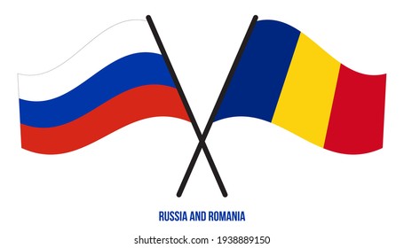 Russia and Romania Flags Crossed And Waving Flat Style. Official Proportion. Correct Colors.