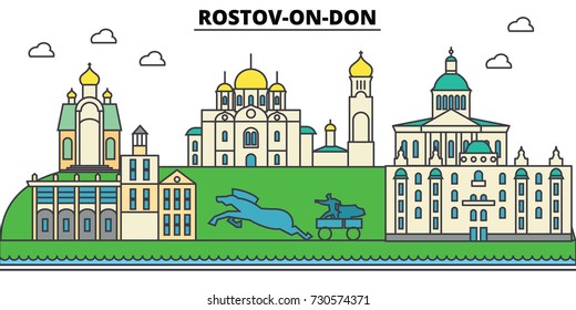 Russia, Rostov On Don. City skyline, architecture, buildings, streets, silhouette, landscape, panorama, landmarks. Editable strokes. Flat design line vector illustration concept. Isolated icons set