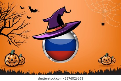 russia round flag with Happy Halloween banner or party invitation background. bats, spiders and pumpkins, orange background