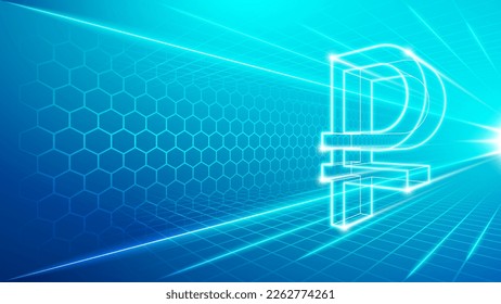 Russia Ruble (RUR) Futuristic Hologram Neon Glow Perspective View National Currency Sign Symbol Fast Transaction Exchange Speed Hologram Design Backdrop Background Illustration