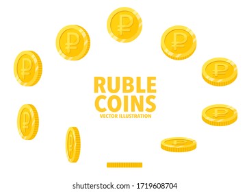 Russia Ruble sign gold coin isolated on white background, set of flat icon of coin with symbol at different angles.