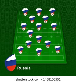 Russia rugby team player position on rugby field. Vector illustration.
