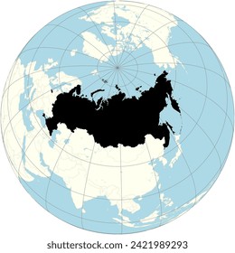 Russia (Russian Federation)'s outline prominently displayed in the orthographic projection of the world map, has vast territory and cultural depth.