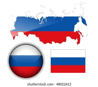 Russia, Russian Flag, Map And Glossy Button, Vector Illustration Set.