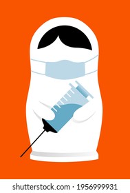 Russia Russian matryoshka doll in a face mask with a syringe in her hands with a Russian vaccine against covid 2019 vector minimalistic poster