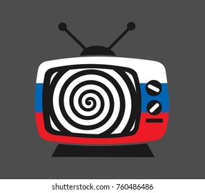 Russia and russian TV, media, press and channel as hypnosis. Manipulation, disinformation, fake news and propaganda though television and broadcasting. Vector illustration.