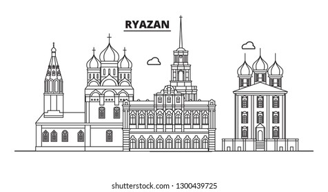 Russia, Ryazan. City skyline: architecture, buildings, streets, silhouette, landscape, panorama, landmarks. Editable strokes. Flat design, line vector illustration concept. Isolated icons