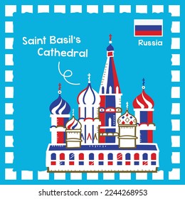 Russia Saint Basils Cathedral landmark illustration with cute stamp design
