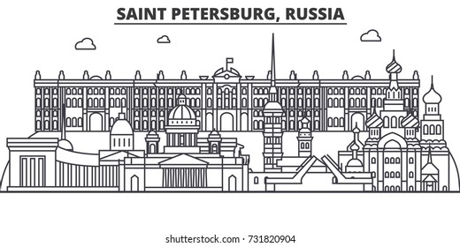 Russia, Saint Petersburg architecture line skyline illustration. Linear vector cityscape with famous landmarks, city sights, design icons. Landscape wtih editable strokes