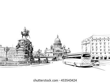 Russia. Saint Petersburg. Saint Isaac's Cathedral. Equestrian monument to Nicholas I hand drawn sketch. City vector illustration