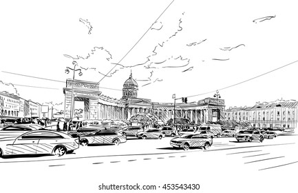 Russia. Saint Petersburg. Kazan Cathedral hand drawn sketch. City vector illustration