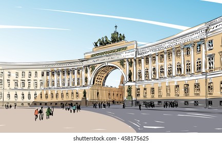 Russia. Saint Petersburg. Palace Square. Hand drawn sketch. City vector illustration