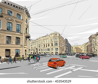 Russia. Saint Petersburg. Unusual perspective hand drawn sketch. City vector illustration