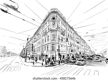 Russia. Saint Petersburg. Unusual Perspective Hand Drawn Sketch. City Vector Illustration