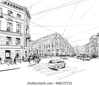 Russia. Saint Petersburg. Unusual Perspective Hand Drawn Sketch. City Vector Illustration