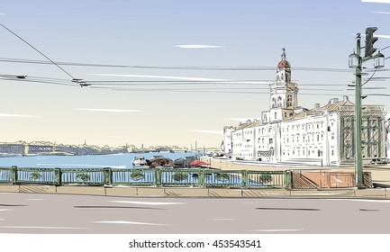 Russia. Saint Petersburg. Vasilevsky island  hand drawn sketch. City vector illustration