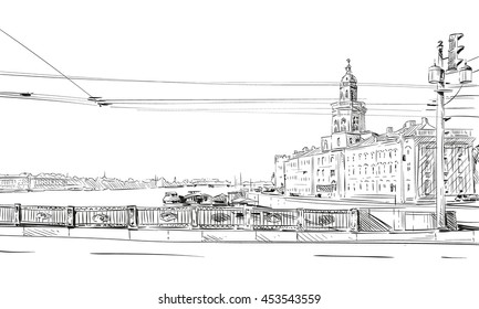 Russia. Saint Petersburg. Vasilevsky island  hand drawn sketch. City vector illustration